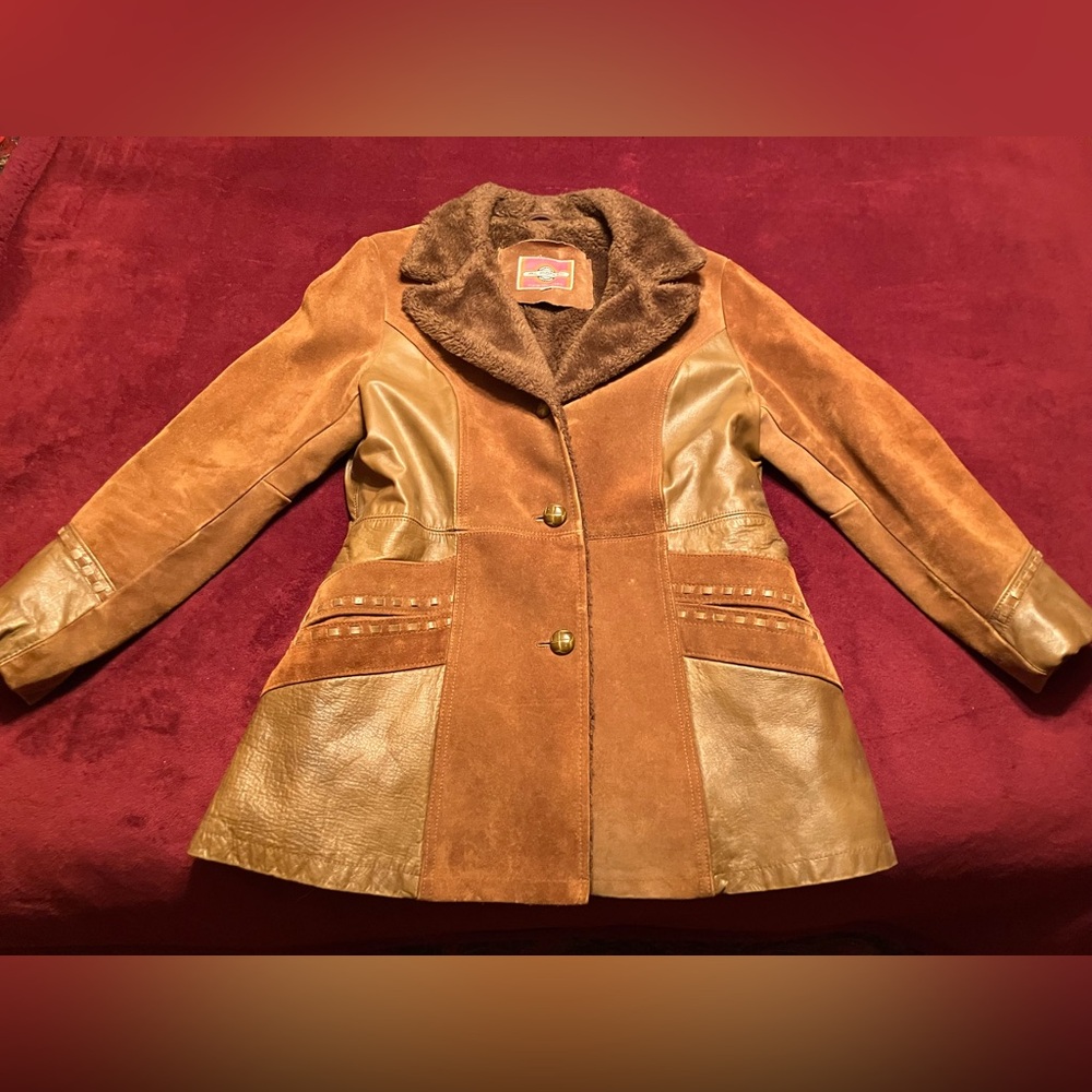 Vintage Ms. Pioneer western leather and suede coat, size 14, detailed stitching.
